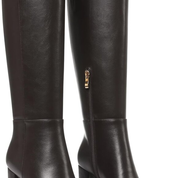 Women’s Leather Knee High Boots Chunky Heel Wide Calf Pointed Toe Zipper - Picture 1 of 6